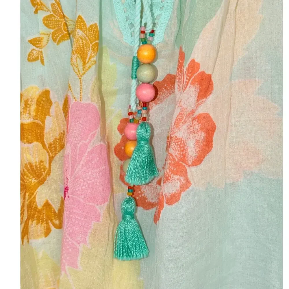 Farm Rio Basel Peasant Top Floral Sheer Cotton Beaded Tassels